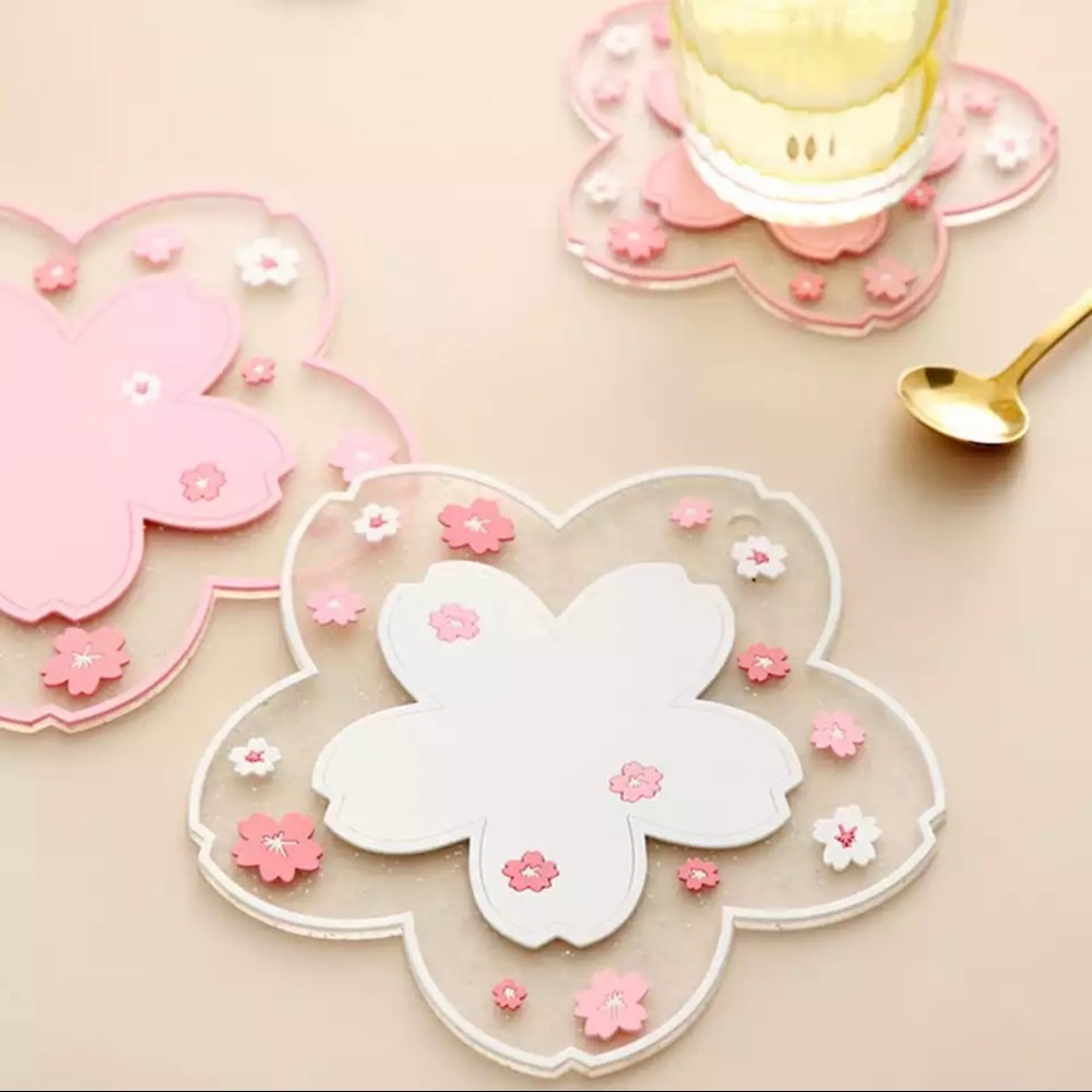 2 White Cherry Blossom Coasters